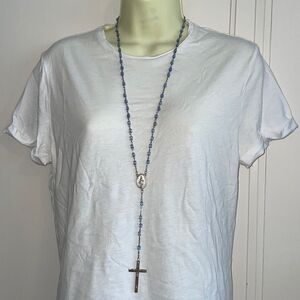 Catholic light‎ blue faceted plastic bead rosary necklace with silver cross